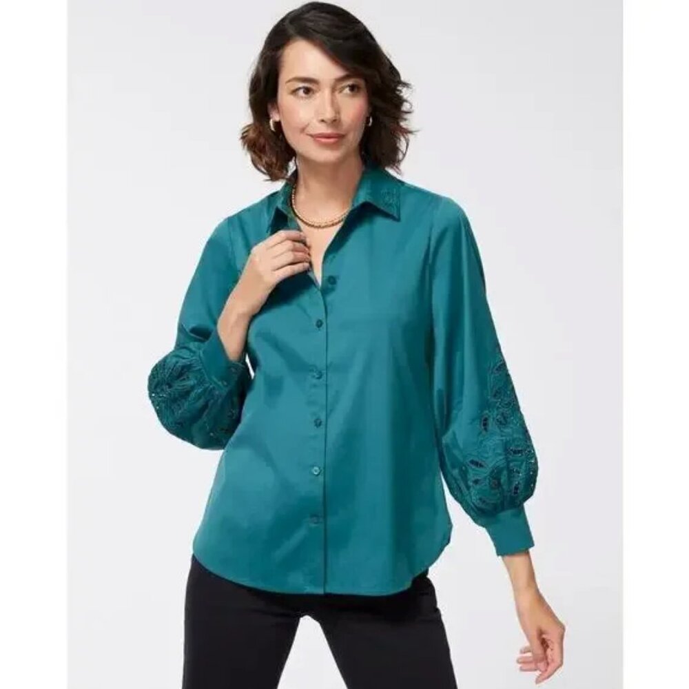 CHICO'S Eyelet Poplin Balloon Sleeve Blouse Shirt Teal Emerald Size 3 (16)